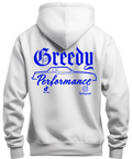 White hoodie with blue MC logo