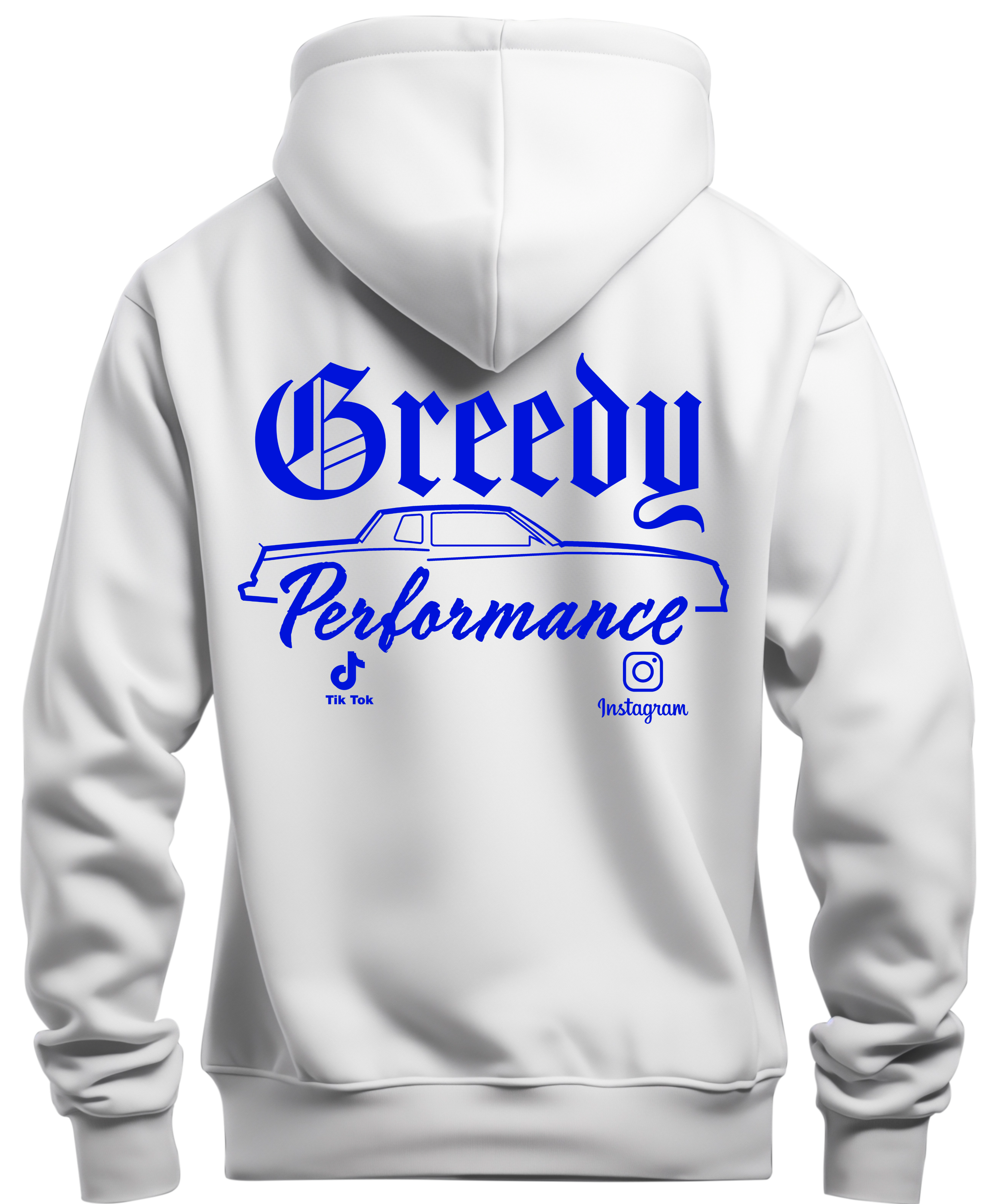 White hoodie with blue MC logo