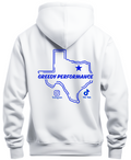 White hoodie with blue TX logo